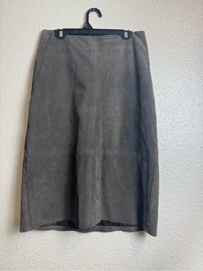 Vintage Clio Petites Taupe Brown Genuine Leather Suede Midi Pencil Skirt Size 4P